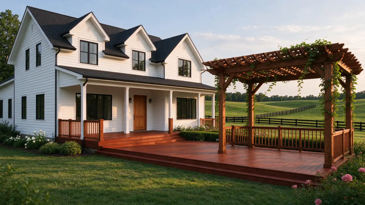 Farmhouse deck and pergola overlooking pasture with black plank fencing (illustrative image)